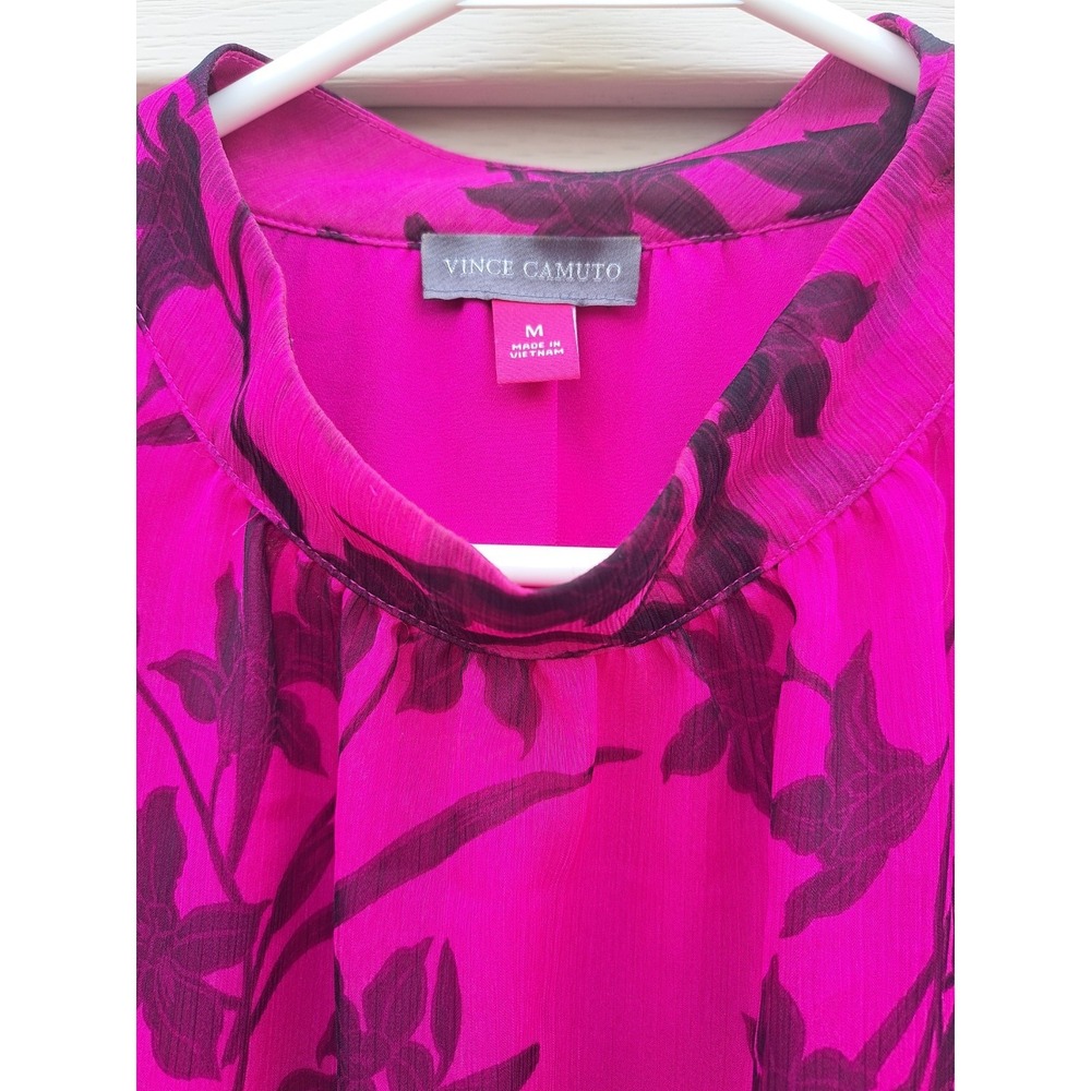 Vince Camuto Women's Bright Magenta Floral Long Sheer Sleeve Lined Blouse Top M - Picture 3 of 13